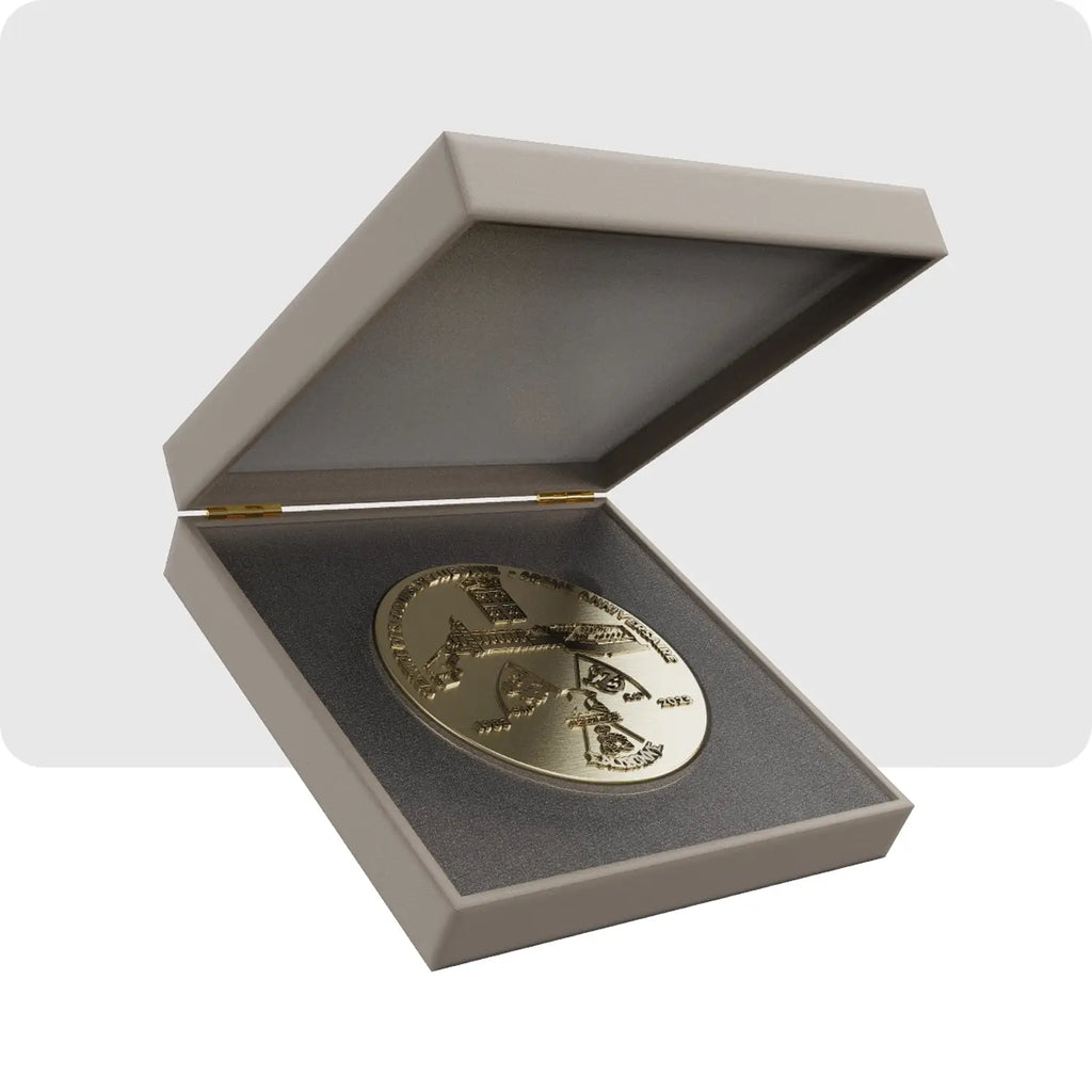 Illustration 3D d'un écrin ouvert contenant une médaille. 