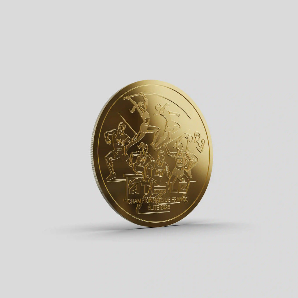 Médaille souvenir dorée des Championnats de France d’Athlétisme Élite 2026 avec silhouettes sportives.