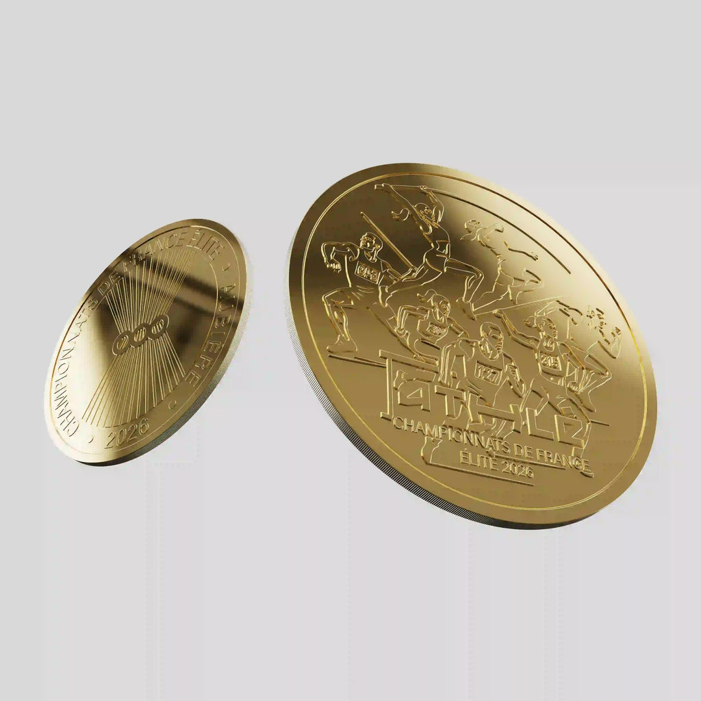 Médaille souvenir dorée des Championnats de France d’Athlétisme Élite 2026 avec silhouettes sportives.