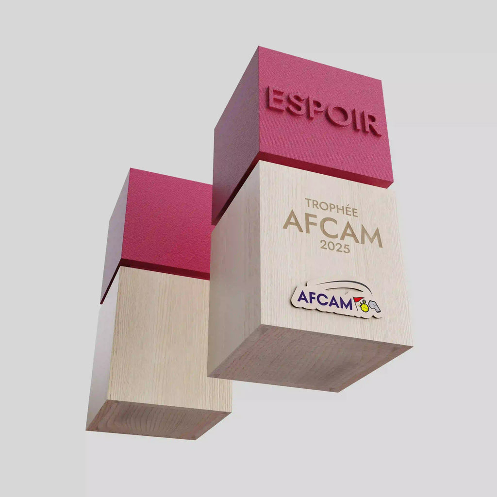 Trophée en bois AFCAM 2025 avec cube rouge "ESPOIR" gravé et socle clair gravé du logo AFCAM.