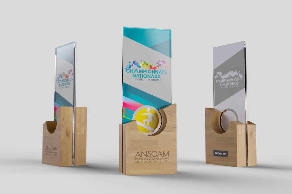 Trophée en bois et acrylique pour les Championnats Nationaux du Crédit Agricole, design moderne et coloré.