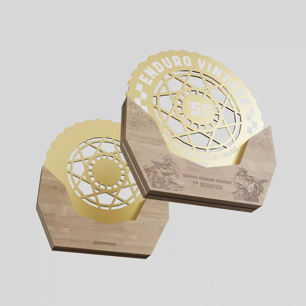 trophée bois et métal en forme de roue