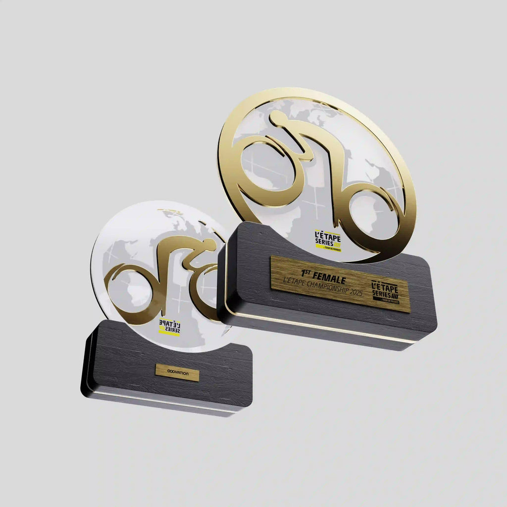 trophée bois, acrylique et métal pour le tour de france, noir et doré